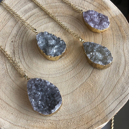Druzy Quartz Necklace with Brass-Plated Chain